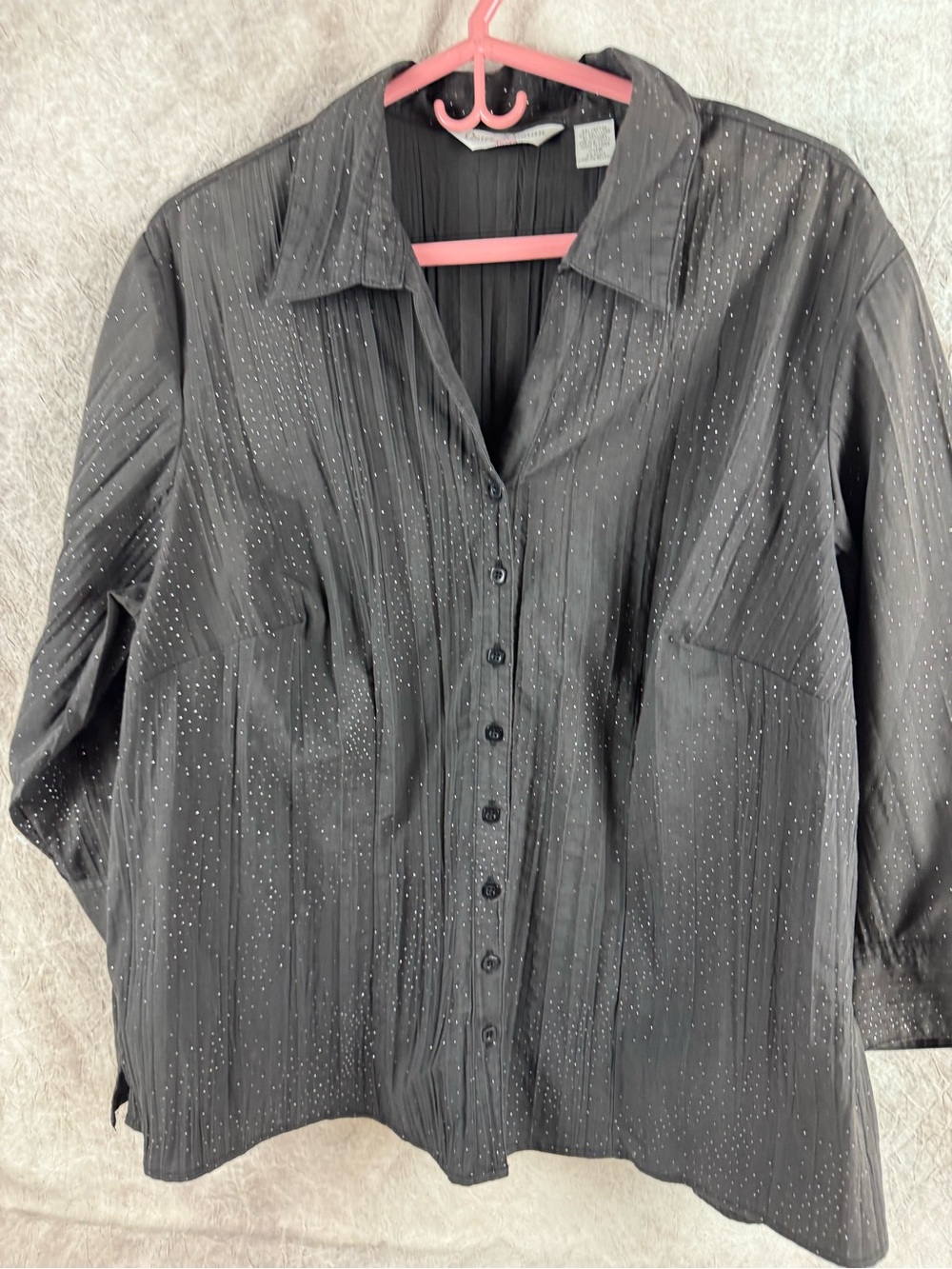 Women's Black Sparkle Button-Down Shirt with Subtle Pleat Detail. 20w